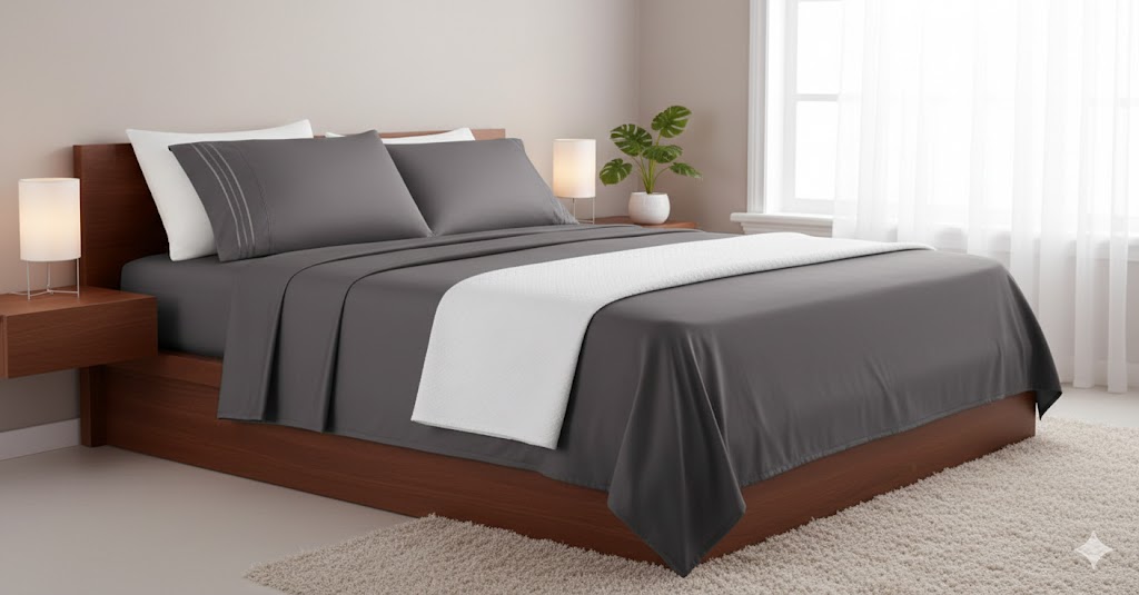 Set of luxury breathable cooling bed sheets neatly folded on a modern bed