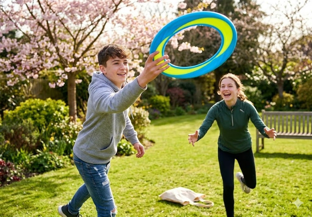 Two teenagers playing catch with a high-performance aerodynamic flying ring outdoors.