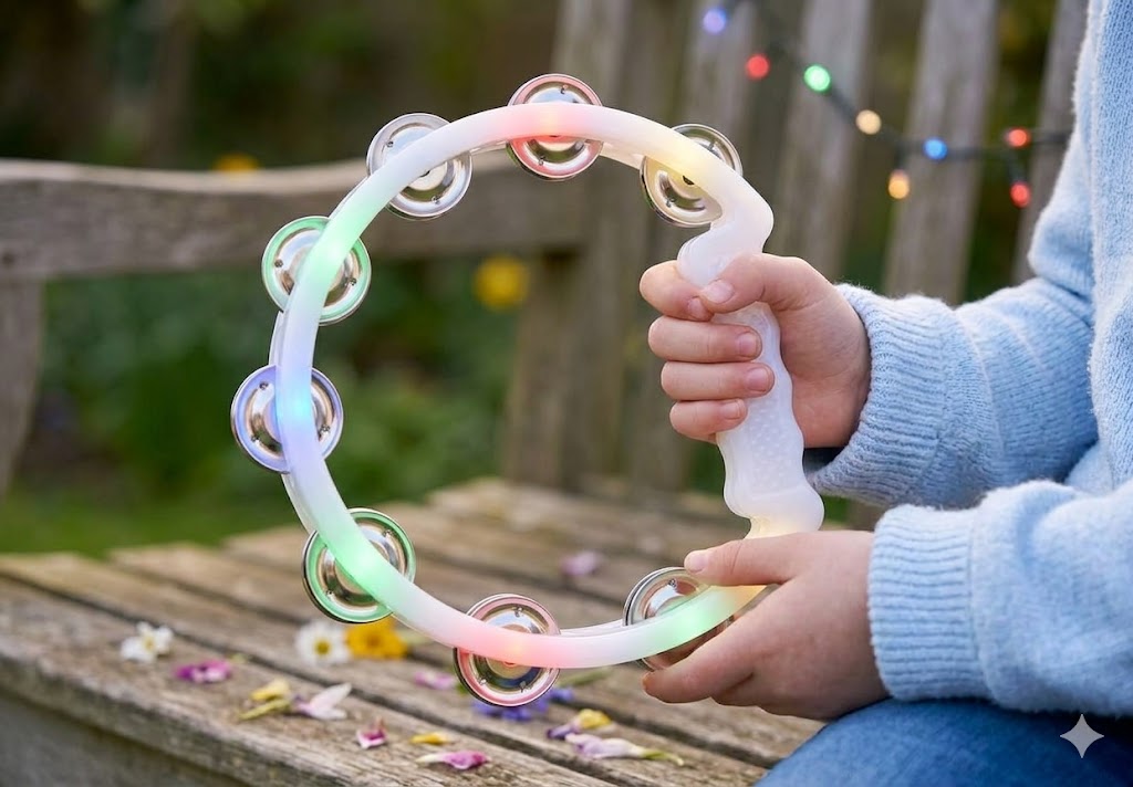 Close-up of a child holding a glowing LED sensory tambourine with multicolored lights.