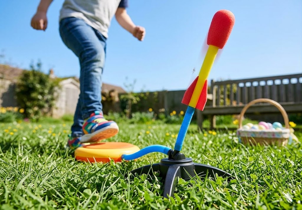 Child launching a foam stomp rocket in a sunny backyard garden.